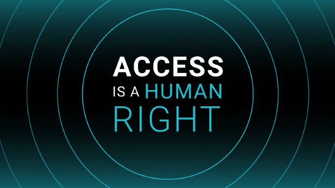 Aira's philosophy, 'Access is a human right', in large white and aqua text superimposed on a background that varies from black to dark aqua